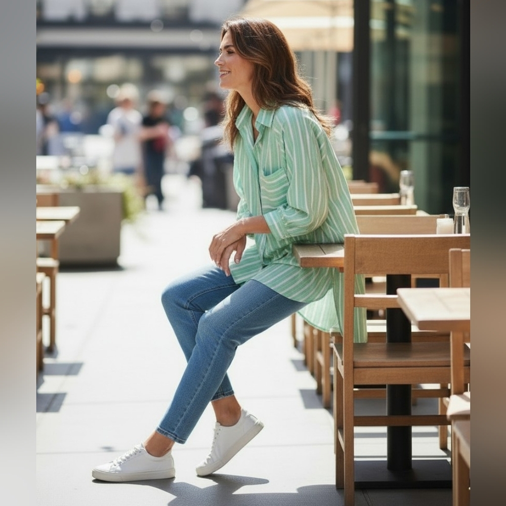 aerie Oversized Green and White Striped Button-Down Shirt